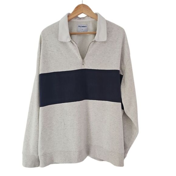 Old Navy XXL Rugby Stripe Half-Zip Navy Grey Sweatshirt Vintage Inspired Preppy - Picture 1 of 13